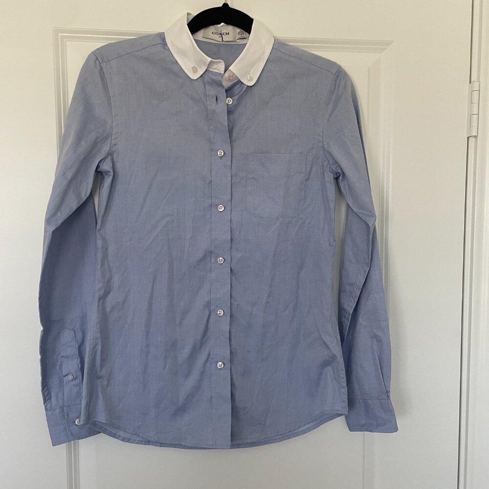 Coach 1941 Blue Button-Up Cotton Shirt – White Collar, Tailored Women’s Size 0